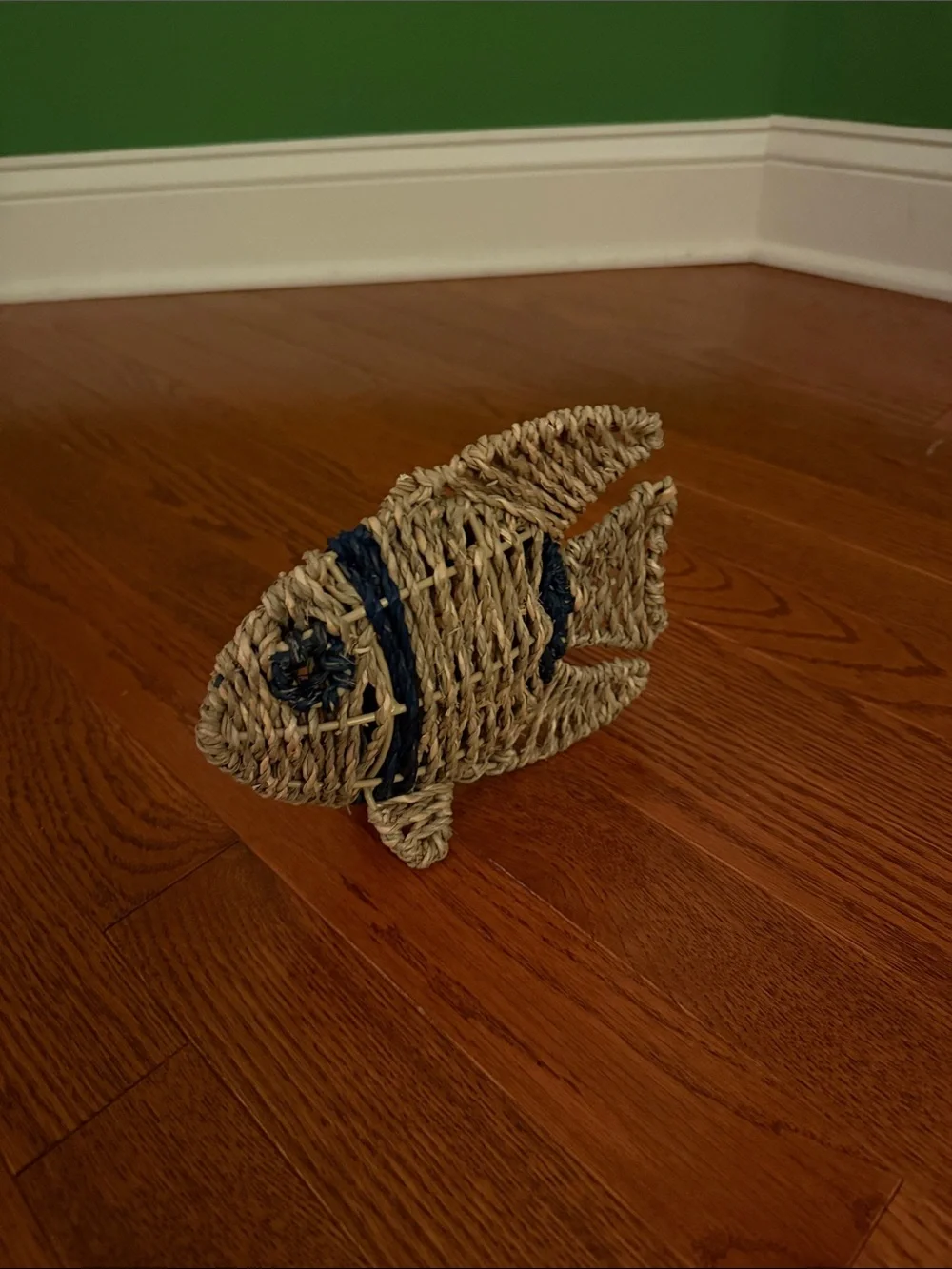 Woven Seagrass Fish Toy for Pets - Natural Brown with Navy Detail